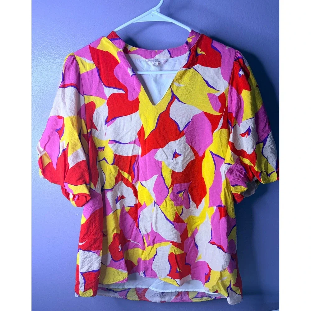 Red Yellow Floral V-Neck Band Collar Puff Sleeve Blouse Colorful Chic Size M - Picture 2 of 6
